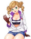  1girl blonde_hair breasts cleavage drill_hair echo_turbine gloves green_eyes gundam gundam_tekketsu_no_orphans jacket large_breasts long_hair long_sleeves looking_at_viewer onsoku_maru open_mouth short_shorts shorts simple_background sitting smile solo twin_drills twintails unzipped waving white_background 