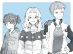  3girls alisa_(girls_und_panzer) alternate_costume blue_background dog_tags female freckles girls_und_panzer hair_ornament hand_on_hip hands_in_pockets jacket kay_(girls_und_panzer) long_hair monochrome multiple_girls naomi_(girls_und_panzer) short_hair short_twintails smile star star_hair_ornament therj twintails upper_body 