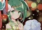  1girl absurdres artist_name blush choukai_(zhan_jian_shao_nyu) closed_mouth cotton_candy dated detached_sleeves green_eyes green_hair green_shirt highres index_finger_raised lizi looking_at_viewer mask mask_on_head matching_hair/eyes portrait remodel_(zhan_jian_shao_nyu) sailor_collar shirt side_ponytail signature smile solo zhan_jian_shao_nyu 