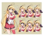  &gt;:o 1girl :o anger_vein antenna_hair bangs bare_shoulders blonde_hair blush breasts center_opening character_sheet cleavage clenched_teeth closed_eyes detached_sleeves explosion female green_eyes grin highres large_breasts long_hair looking_at_viewer looking_away miniskirt navel nose_blush open_mouth red_legwear shaded_face single_thighhigh skirt smile solo tasikanamanzok teeth thigh-highs tsurumaki_maki very_long_hair voiceroid wide-eyed 