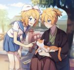  1boy 1girl :d akiyoshi_(tama-pete) animal architecture bangs bare_arms bent_over blonde_hair blue_eyes blue_ribbon blue_skirt blue_sky blush breasts bridge clouds day east_asian_architecture fingernails hairband hakama hand_on_own_thigh haori holding_animal holding_cat japanese_clothes kagamine_len kagamine_rin katana kneehighs long_sleeves looking_at_another miniskirt open_mouth outdoors parted_lips petting pleated_skirt ponytail ribbon school_uniform serafuku short_hair short_sleeves sitting skirt sky small_breasts smile standing swept_bangs sword tree vocaloid weapon white_ribbon wide_sleeves 