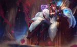  1girl ahri animal_ears black_hair blue_eyes breasts cleavage fox_ears fox_tail gloves league_of_legends long_hair looking_at_viewer multiple_tails ponytail raikoart sitting smile solo tail whisker_markings 