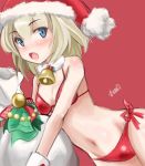  1girl artist_name bag bangs bell bell_collar bikini blonde_hair blue_eyes blush bow breasts collar dutch_angle fang front-tie_top girls_und_panzer haruhata_mutsuki hat jingle_bell katyusha looking_at_viewer open_mouth oversized_object red_background red_bikini santa_costume santa_hat short_hair side-tie_bikini signature simple_background sketch small_breasts solo standing swimsuit 