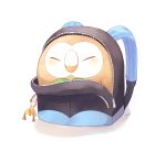  backpack bag beak bird blush closed_eyes in_bag in_container leaf mei_(maysroom) no_humans owl pokemon pokemon_(creature) pokemon_(game) pokemon_sm rowlet shadow signature simple_background solo unzipped white_background wings zipper 