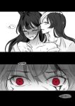  3girls _yahaee blake_belladonna blush bow closed_eyes comic female long_hair monochrome multiple_girls neo_(rwby) netorare red_eyes restrained rwby spot_color translation_request upper_body white_background yang_xiao_long yuri 