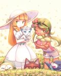  2girls alola_form alolan_vulpix blonde_hair bounsweet braid bush dark_skin dress flower green_eyes green_hair hair_flower hair_ornament hat lillie_(pokemon) litten long_hair looking_at_viewer makaroll mallow_(pokemon) multiple_girls npc npc_trainer open_mouth pokemon pokemon_(creature) pokemon_(game) pokemon_sm popplio rowlet sleeveless sleeveless_dress smile sun_hat trial_captain twin_braids twintails vulpix white_dress white_hat 