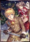  1boy 1girl antlers blonde_hair blue_eyes box brown_eyes brown_hair capelet edy_nelson gift gift_box hair_ribbon homer_peron long_hair lowres moon one_eye_closed open_mouth outdoors red_shorts reindeer_antlers ribbon santa_costume senjou_no_valkyria senjou_no_valkyria_1 short_hair shorts snow twintails white_ribbon 