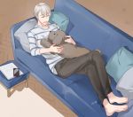  1boy barefoot cellphone closed_eyes couch dog himuka_roko lying makkachin male_focus on_back open_mouth phone pillow silver_hair smartphone smile tongue tongue_out viktor_nikiforov yuri!!!_on_ice 