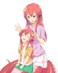  2girls :d ^_^ absurdres artist_request child closed_eyes fang hair_ornament hairclip happy highres if_they_mated jewelry lamia long_hair miia_(monster_musume) monster_girl monster_musume_no_iru_nichijou mother_and_daughter multiple_girls open_mouth orange_eyes pointy_ears redhead ring scales shirt sitting sitting_on_lap sitting_on_person skirt smile source_request t-shirt transparent_background wedding_band 