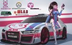  1girl absurdres acronym arm_support audi bangs black_soldier bodysuit boots bracer breasts brown_eyes brown_hair bubble_blowing bubblegum car character_name copyright_name d.va_(overwatch) emblem eyelashes full_body gloves ground_vehicle gum gun hand_up handgun headphones highres holding holding_gun holding_weapon leg_up legs_apart logo long_hair long_sleeves medium_breasts motor_vehicle overwatch pauldrons pilot_suit ribbed_bodysuit shoulder_pads skin_tight solo standing standing_on_one_leg thigh-highs thigh_boots thigh_strap turtleneck vehicle watermark weapon web_address white_boots white_gloves 
