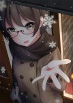  1girl bangs blush brown_eyes brown_hair coat commentary from_above glasses hand_up holding_bag looking_at_viewer nekobaka open_mouth original outstretched_hand scarf smile snow snowflakes solo 