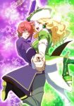  1boy 1girl blonde_hair boots breasts classicaloid earrings eyebrows_visible_through_hair eyeshadow franz_liszt_(classicaloid) frederic_chopin_(classicaloid) genderswap genderswap_(mtf) green_boots hair_over_one_eye hand_holding hat high_heel_boots high_heels jewelry lipstick long_hair makeup nail_polish nittama orange_hair orange_nails pants short_hair simple_background smile sparkle staff_(music) standing standing_on_one_leg star tears two-tone_background wavy_hair white_pants 
