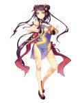 1girl arm_strap bare_legs breasts chinese_clothes cleavage double_bun dragon_print dragon_tattoo full_body hands_together highres long_hair medium_breasts no_socks official_art red_eyes rin_(royal_flush_heroes) royal_flush_heroes solo tattoo transparent_background two_side_up 