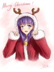  1girl alternate_costume antlers artist_name bell blush christmas commentary fate/stay_night fate_(series) fur_trim looking_at_viewer matou_sakura merry_christmas open_mouth purple_hair reindeer_antlers rna_(angel-smelter) santa_costume sleeves_past_wrists solo violet_eyes 