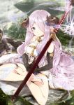  1girl 218 breasts commentary_request doraf from_above granblue_fantasy indian_style large_breasts looking_at_viewer meditation narumeia_(granblue_fantasy) over_shoulder sheath sheathed sitting smile weapon weapon_over_shoulder 