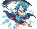  1girl ahoge arm_guards aru_(brave_dungeon) belt blue_hair blue_skirt brave_dungeon breasts cape cleavage crystal eyebrows_visible_through_hair hair_intakes holding holding_weapon jewelry looking_at_viewer medium_breasts messy_hair official_art open_mouth pendant pleated_skirt red_eyes scythe short_hair simple_background skirt solo weapon white_background 