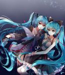  2girls :d absurdres aqua_eyes aqua_hair aqua_necktie baocaizi bare_shoulders black_bow black_gloves bow bubble dress dual_persona gloves hair_bow hair_ornament hatsune_miku highres long_hair looking_at_another looking_at_viewer multiple_girls necktie open_mouth smile twintails very_long_hair vocaloid white_gloves 
