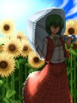  1girl ascot closed_eyes female flower green_hair katagi_ren kazami_yuuka light_smile long_skirt parasol plaid plaid_skirt plaid_vest shade short_hair skirt skirt_set solo sun sunflower touhou umbrella youkai 