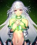  1girl altera_(fate) bare_shoulders blush choker dark_skin detached_sleeves fate/extella fate/extra fate_(series) head_tilt light_smile looking_at_viewer midriff navel red_eyes sen_(77nuvola) short_hair solo tattoo tears veil white_hair 