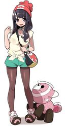  1girl bag beanie black_hair blush breasts cleavage cosplay female_protagonist_(pokemon_sm) female_protagonist_(pokemon_sm)_(cosplay) full_body hanauna hat highres large_breasts long_hair looking_at_viewer nervous_smile open_mouth pantyhose pokemon pokemon_(game) pokemon_sm see-through shorts simple_background smile solo standing strap_cleavage stufful violet_eyes white_background 