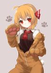  1girl :o ahoge black_vest blonde_hair blush breasts collared_shirt cosplay cowboy_shot cravat eyebrows_visible_through_hair hair_ribbon highres kigurumi long_sleeves looking_at_viewer off_shoulder outline paw_pose paw_print red_eyes ribbon rumia sh_(562835932) shirt short_hair simple_background small_breasts solo tail touhou vest white_shirt 