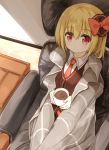  1girl bangs black_ribbon black_vest blanket blonde_hair blush bow couch cup hair_bow hair_ribbon holding holding_cup looking_at_viewer necktie red_bow red_eyes red_necktie ribbon rumia short_hair sitting solo touhou vest yuuhagi_(amaretto-no-natsu) 