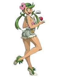  1girl ass bare_arms bare_legs blue_bow bow breasts dark_skin flower from_side full_body genzoman green_eyes green_hair green_shoes hair_flower hair_ornament ladle leg_up long_hair looking_at_viewer mallow_(pokemon) matching_hair/eyes open_mouth overalls pokemon pokemon_(game) pokemon_sm shoes sideboob skin_tight solo throwing_poke_ball tied_hair tiptoes twintails white_background 