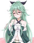  1girl alternate_color belt blush commentary detached_sleeves disco_brando green_eyes green_hair hair_ornament hair_ribbon hairclip hand_on_own_chest highres kantai_collection long_hair matching_hair/eyes navel ribbon solo twitter_username very_long_hair white_background yamakaze_(kantai_collection) 