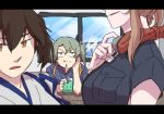  3girls betchan brown_eyes brown_hair clouds cloudy_sky commentary cup drinking_glass drinking_straw green_eyes green_hair hand_on_own_cheek indoors japanese_clothes kaga_(kantai_collection) kantai_collection multiple_girls remodel_(kantai_collection) saratoga_(kantai_collection) side_ponytail sky table twintails window zuikaku_(kantai_collection) 