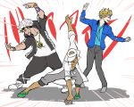  3boys arm_tattoo blonde_hair bolo_tie brown_hair chains emphasis_lines gold_chain guzuma_(pokemon) highres hood hoodie jacket kukui_(pokemon) labcoat mullein_(pokemon) multicolored_hair multiple_boys muscle pants perfume pokemon pokemon_(game) pokemon_sm pose sunglasses sunglasses_on_head sweatpants tattoo two-tone_hair watch white_hair 