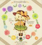  1girl black_boots black_hat blouse boots bow collared_shirt crown english flower frilled_shirt_collar frilled_skirt frilled_sleeves frills green_eyes green_hair hat hat_bow heart holding holding_flower komeiji_koishi long_sleeves looking_at_viewer matching_hair/eyes moyo_(amaniwa) shirt short_hair skirt smile solo text touhou wide_sleeves yellow_blouse yellow_bow 