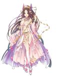  1girl artist_request bracelet breasts brown_hair cleavage detached_sleeves full_body hair_ornament high_ponytail highres holding holding_weapon jewelry large_breasts legs_crossed long_hair looking_at_viewer navel official_art open_mouth pelvic_curtain pink_eyes royal_flush_heroes shunmei solo transparent_background weapon whip 