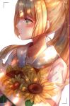  1girl blonde_hair blush flower green_eyes highres lillie_(pokemon) long_hair looking_to_the_side nonohana pokemon pokemon_(game) pokemon_sm ponytail simple_background solo sunflower upper_body white_background 
