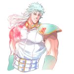  1boy blood blue_eyes crack hokuto_no_ken long_hair male_focus mayuzumi muscle pauldrons rei_(hokuto_no_ken) smile solo white_background white_hair 