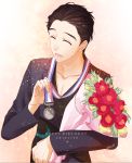  1boy 2016 ^_^ black_hair bouquet closed_eyes dated flower happy_birthday himuka_roko katsuki_yuuri male_focus medal open_mouth smile yuri!!!_on_ice 