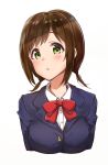  1girl :o blazer blush bow bowtie brown_hair commentary_request eyebrows_visible_through_hair green_eyes highres idolmaster idolmaster_cinderella_girls jacket looking_at_viewer low_twintails maekawa_miku red_bow red_bowtie school_uniform shirt short_hair solo takeya_y0615 twintails upper_body white_background white_shirt 