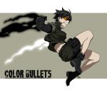  1girl belt bike_shorts black_boots black_hair boots clenched_teeth color_bullets copyright_name danielle_redford_(kamezaemon) fire gloves highres jacket jumping kamezaemon military_jacket original pouch short_hair shorts simple_background solo teeth 