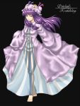  1girl bangs barefoot black_background blunt_bangs cape female floating_hair katagi_ren long_hair long_sleeves looking_at_viewer patchouli_knowledge purple_hair simple_background skin_tight solo text toes touhou very_long_hair violet_eyes wind 