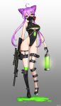  1girl ahoge ango bare_shoulders black_gloves boots breasts cleavage cleavage_cutout covered_navel full_body gloves green_eyes green_legwear gun highres holding holding_gun holding_weapon leotard long_hair looking_at_viewer mask multicolored_eyes original purple_hair rifle single_thighhigh sleeveless sniper_rifle solo standing thigh-highs twintails violet_eyes weapon 