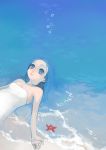  absurdres beach blue_eyes blue_hair breasts cleavage dress foam highres liquid_hair ocean open_mouth original ripples sleeveless sleeveless_dress speech_bubble star starfish surreal text water waves white_dress wntame wrist 