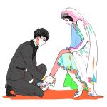  1boy 1girl bare_shoulders black_hair blush bridal_veil couple dress glasses high_heels kneeling looking_down mole mole_under_eye moriyama_mikuri nigeru_wa_haji_daga_yaku_ni_tatsu plumin short_hair simple_background sitting tsuzaki_hiramasa tuxedo veil wedding_dress white_background 