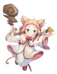  1girl animal_ears bell blue_eyes bow bowtie braid cat_ears cat_tail eating food hamburger highres kkrin1013 mimi_pearlbaton orange_hair re:zero_kara_hajimeru_isekai_seikatsu solo staff tail twin_braids 