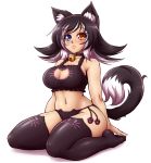  :&lt; absurdres animal_ears bell bell_collar black_bra black_hair black_legwear black_panties blue_eyes blush bra breasts cat_ears cat_lingerie cat_tail cleavage collar heterochromia highres kneeling large_breasts looking_at_viewer mazume multicolored_hair navel orange_eyes panties tail thigh-highs underwear white_background white_hair 