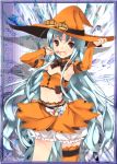  1girl aliasse asymmetrical_legwear blue_hair brown_eyes candy detached_sleeves flat_chest food hat lollipop long_hair lowres midriff open_mouth orange_hat orange_legwear pumpkin senjou_no_valkyria senjou_no_valkyria_2 solo strapless thigh-highs witch_hat 