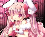 1girl animal_ears bare_shoulders blush bow breasts choker cleavage di_gi_charat dice dice_hair_ornament dress hair_bow hair_ornament highres koge_donbo large_breasts long_hair open_mouth pink_hair rabbit_ears red_eyes ribbon smile solo twintails usada_hikaru 