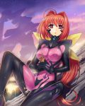  1girl absurdres ahoge blush bodysuit bow breasts building covered_navel erect_nipples hair_bow hair_intakes highres holding impossible_bodysuit kagami_sumika knee_up large_breasts long_hair looking_at_viewer low_ponytail mecha muvluv muvluv_alternative official_art open_mouth pilot_suit ponytail red_eyes redhead ruins shiny shiny_clothes shiny_hair sitting skin_tight solo stuffed_animal stuffed_bunny stuffed_toy sunset very_long_hair 