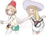  2girls bag beanie blonde_hair blue_eyes blush braid dress duffel_bag female_protagonist_(pokemon_sm) green_eyes handbag hat lillie_(pokemon) long_hair mitsudoue multiple_girls npc open_mouth pokemon pokemon_(game) pokemon_sm red_hat shirt short_hair shorts sleeveless sleeveless_dress sun_hat tied_shirt twin_braids white_dress white_hat 