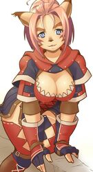  1girl animal_ears bent_over breasts cleavage final_fantasy final_fantasy_xi katy_(artist) mithra nanaa_mihgo solo 