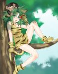  1girl animal_ears apple bad_id blue_eyes cham_cham fang food fruit gloves green_eyes green_hair holding holding_fruit in_tree mattaku_mousuke monkey paku_paku paw_gloves paw_shoes samurai_spirits shoes sitting sitting_in_tree tail tree 