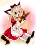  1girl animal_ears bell blonde_hair blue_eyes fang hair_ribbon long_hair maid pantyhose ribbon solo stuffed_animal stuffed_bunny stuffed_toy tail tashiro_yuu white_legwear 